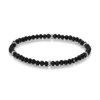 Black faceted bead stretch bracelet with silver accent spacers.
