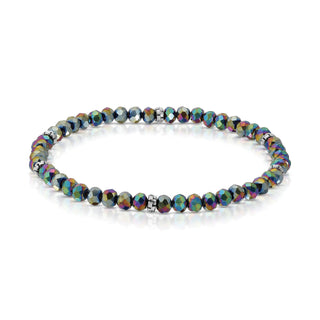 Harlequin beaded bracelet with faceted multicolor stones and silver spacer accent.
