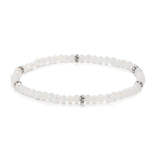 White beaded stretch bracelet with silver spacer accents and rondelle stones.
