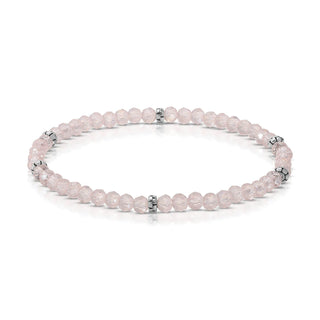 Light pink beaded bracelet with silver spacer accents and clasp.
