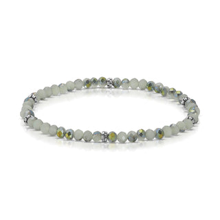 Sage green beaded bracelet with silver spacer accents and metallic details.
