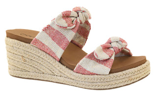 Red stripe wedge espadrille sandal with bow detail, perfect for summer outfits. "Tie the Knot" design, final sale item.