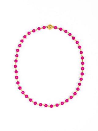 Hot pink glass bead necklace with gold-tone magnetic clasp.

