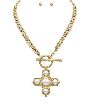 Pearl Cross Layered Toggle Necklace
