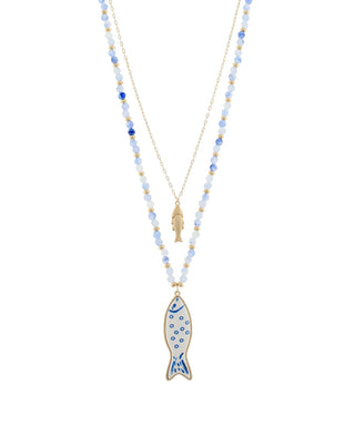 Blue & White Fishy Fish Gold Necklace
