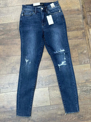 Judy Blue Dark Wash High-Waist Skinny Distressed Jeans - FINAL SALE, stylish and comfortable denim for a chic look.