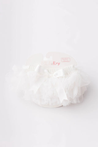 White ruffle tutu bloomer with layered tulle skirt and elastic waistband detail.
