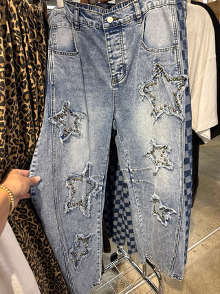 Star Studded Patchwork Gypsy Fit Denim Pants
