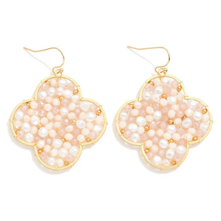 Elegant Blush & Pearl Clover Drop Earrings featuring delicate floral motifs and lustrous pearls for a timeless, stylish look.