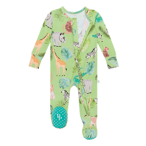 Infant wearing Posh Peanut Safari Animals Footie One Piece, featuring playful safari animal designs, comfortable, and stylish romper.
