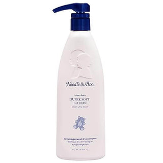 Bottle of Noodle & Boo Super Soft Lotion 16oz, featuring a pastel design with a blue cap, ideal for sensitive skin care.
