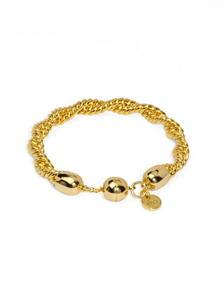 Gold braided twisted chain bracelet with magnetic spherical accents and charm detail.

