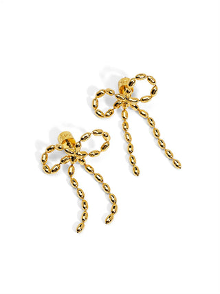 Gold Beaded Bow Drop Earrings
