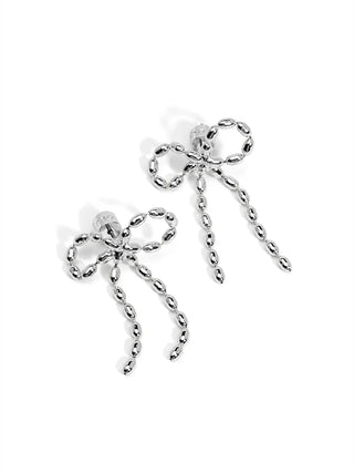 Silver Beaded Bow Drop Earrings
