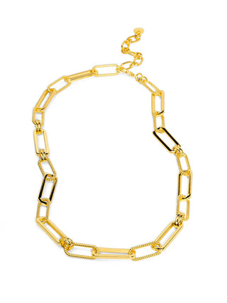 Gold chain necklace with rectangular and rope-textured linked segments.
