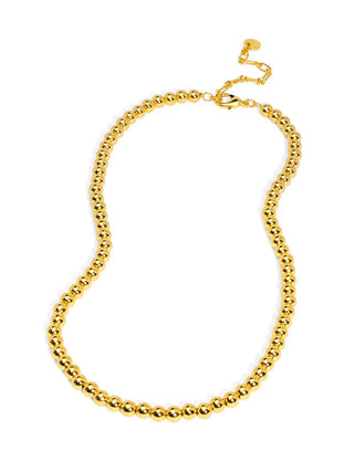 Gold beaded collar necklace with polished spherical beads and adjustable chain clasp.
