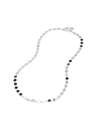 Silver and black disc beaded necklace with magnetic closure clasp.
