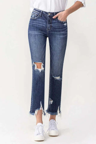 Alt text: "Lovervet LV1008 High Waist Cropped Straight Leg Jeans with Distressed Hem