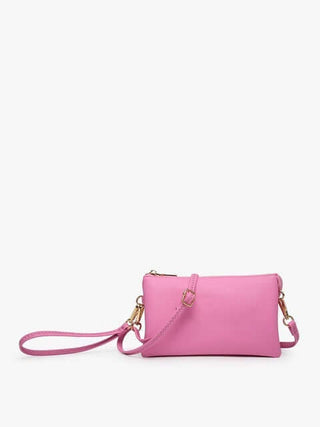 BUBBLEGUM Crossbody Faux Leather Organizer Purse - Stylish pink bag with gold accents and adjustable strap for versatile use.