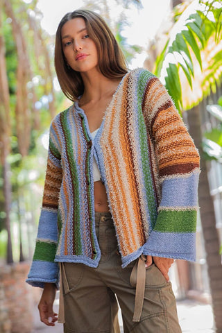 Colorful boho-style cardigan with earth and sky tones, button front, and cozy fit by ee:some. Perfect for casual, stylish outfits.