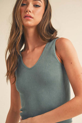 Ribbed Vintage Blue Reversible Seamless Tank - Stylish Women's Wear