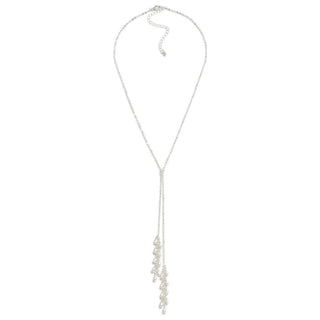 Elegant silver chain link bolo necklace with linked pearl details, perfect for a sophisticated and modern look.