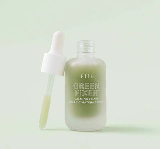 FHF Green Fixer® Calming Elixir Organic Matcha Serum in clear bottle with green liquid, perfect for soothing skin.