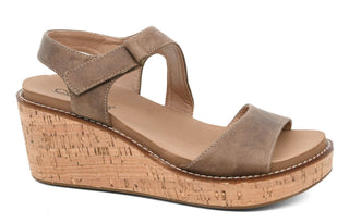 Tan wedge sandal by CORKYS named "Five'O'Clock Somewhere" featuring a comfortable, stylish design perfect for summer outings.