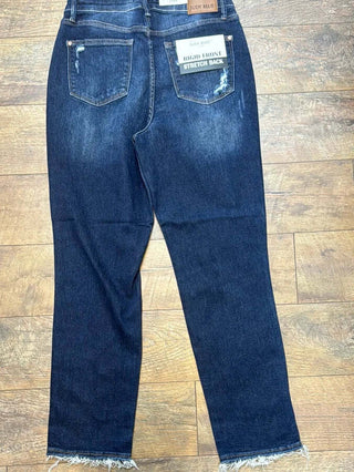 Judy Blue 88819 Magic Rigid Jeans with destroyed knee and straight fit, displayed on hanger in neutral environment.
