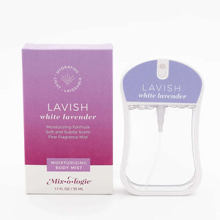 LAVISH White Lavender Mixologie Moisturizing Body Mist bottle with white and lavender accents on a clean background.
