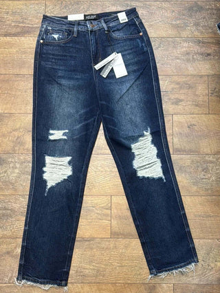 Judy Blue 88819 Magic Rigid Destroyed Knee Straight Jeans - Trendy distressed look, perfect fit, adds edgy style to any outfit.