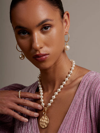 Alternate view of Gold Hammered Disc Pearl Necklace
