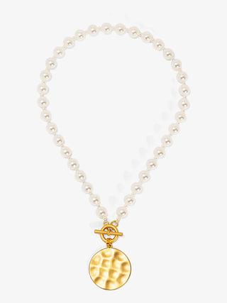 Alternate view of Gold Hammered Disc Pearl Necklace
