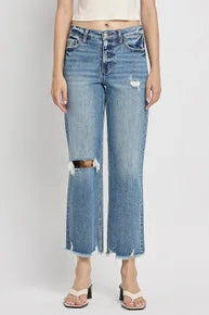 Lovervet - LV1143 High Rise Straight Leg Distressed Med Wash Dad Jeans