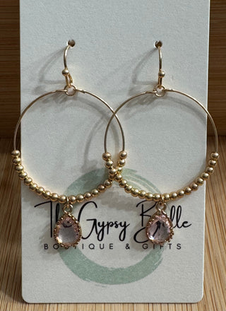 Pink Teardrop Gold Beaded Hoop Drop Earrings