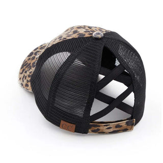 Chic leopard and black baseball cap with personalized initial on hat bar, perfect for stylish and customized fashion.