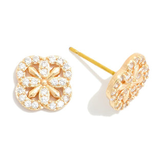 Gold Clover Stud Earrings w/ Rhinestone Details