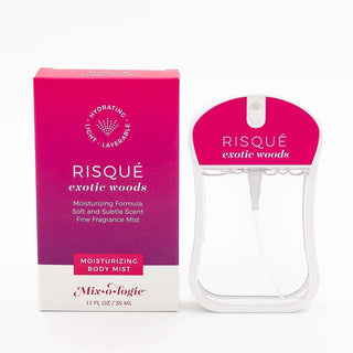 RISQUE Exotic Woods Mixologie Body Mist on white background, showcasing its elegant packaging and luxurious moisturizing formula.