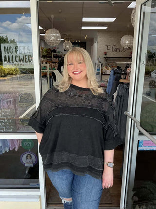 Mineral Wash Black Lace Contrast Oversize Boxy Top by Oli & Hali – Trendy, Relaxed Fit Women's Fashion