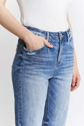 MICA T3536A High Rise Raw Hem Loose Fit Straight Leg Jeans in Medium Wash" hanging against a white background.