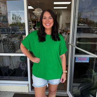 Sew In Love Kelly Green Shiny Top - Stylish, vibrant blouse perfect for any occasion, featuring a chic metallic green finish.