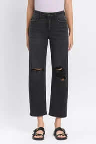 Lovervet T6568 Black Distressed Barrel Leg Jeans showcasing edgy style and comfortable fit.