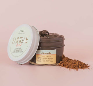 Elegant jar of Sundae Best Chocolate Softening Mask with CoQ10, showcasing rich, velvety texture and luxurious skincare benefits.