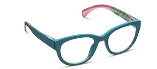 Teal cat-eye reading glasses with floral patterned inner temples and pink trim.
