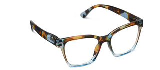Tortoiseshell and blue gradient square-frame eyeglasses with clear lenses.
