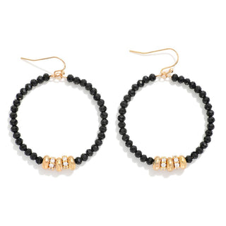 Black Faceted Gold Bead Hoop Drop Earrings
