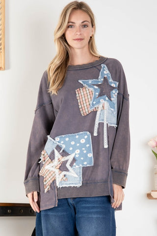 Blue Velvet Star Patchwork Long Sleeve Top