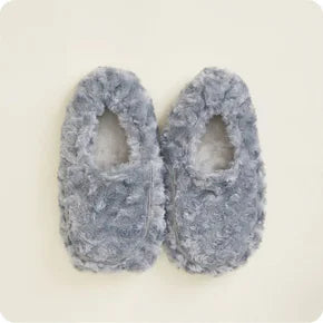 Cozy Warmies curly gray slippers, microwavable for warmth, made with plush, textured fabric; perfect for relaxation and comfort.