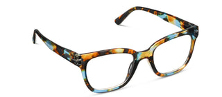 Tortoiseshell cat-eye readers with orange, black, and blue mottled pattern frame.
