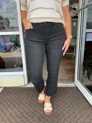 Mica Denim BLACK High Rise Crop Flare Leg Jeans - Stylish, flattering fit, perfect for a chic and modern look.